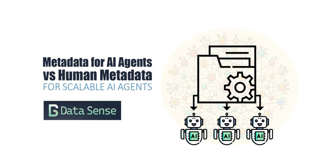 Illustration showing metadata infrastructure controlling multiple AI agents, representing the difference between metadata for AI agents and human metadata.